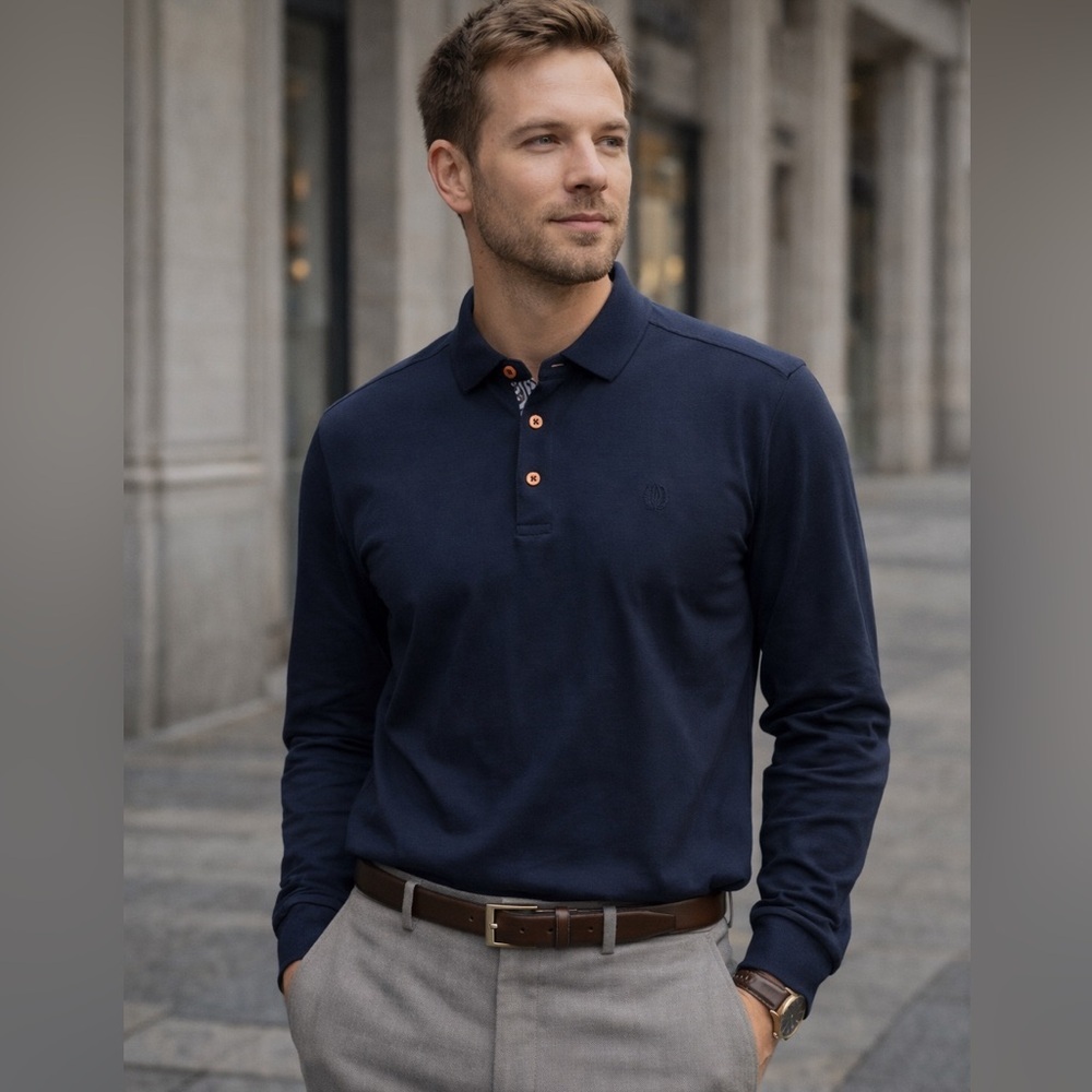 Au Noir Navy Dry Fit Polo Shirt Men’s Large Artsy Print NWOT Office Preppy